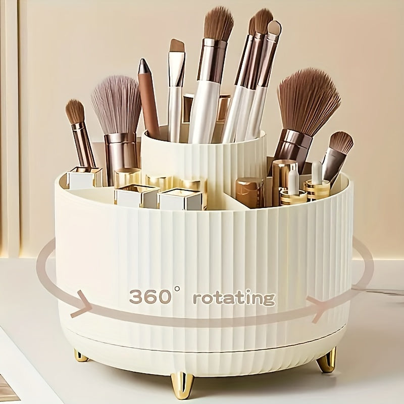 [5-Tier Rotating Organizer] 1pc ABERZEY 360° Rotating Makeup Organizer with 5-Tier Compartments - 360° Spinning Cosmetic & Desk Caddy, Durable Plastic White & Luxury Stripe Storage for Brushes, Lipsticks, Skincare, Statione - The Superior Findings Depot