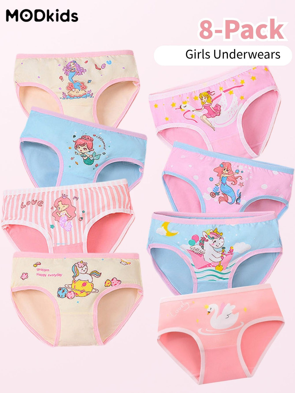 8-Pack Girls' Underwear - Pink Briefs Unicorn & Mermaid Print