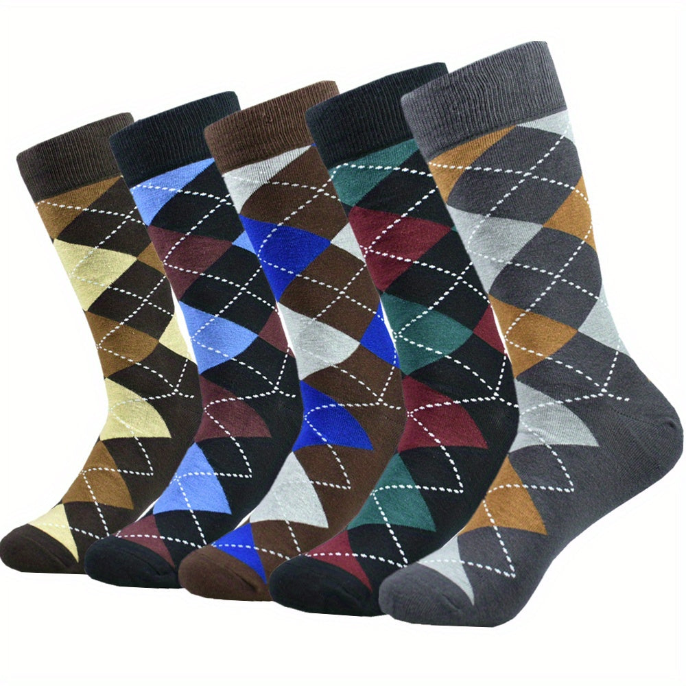 5pairs Men's Cotton Argyle Color Block Soft Crew Socks, Men's Business Socks, Multicolor Set - The Superior Findings Depot