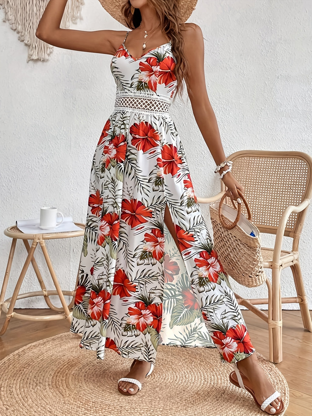 Floral Print Spaghetti Strap Dress, Elegant Sleeveless Split Dress For Spring & Summer, Women's Clothing - The Superior Findings Depot