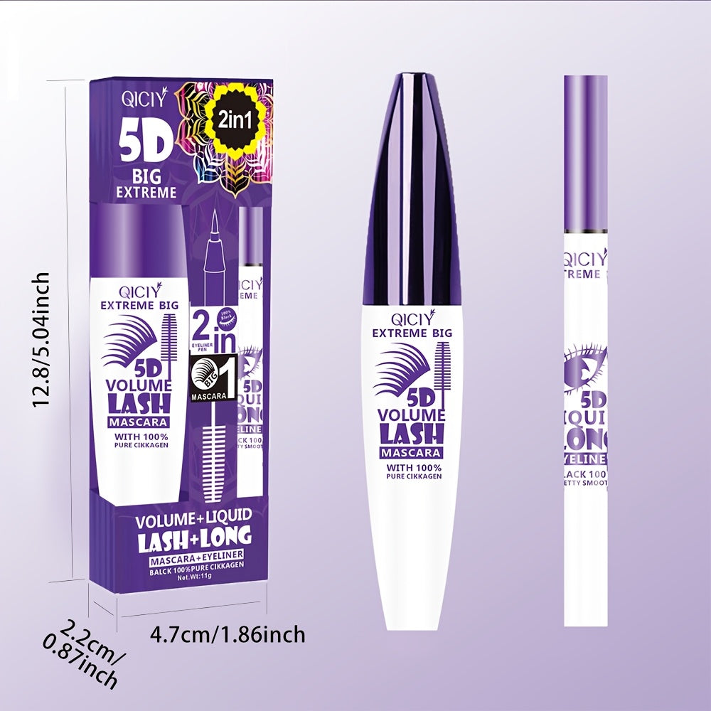 QICI 5D EXTREME 2in1 Mascara + Eyeliner Set - Waterproof, Long-Lasting, Smudge-Proof, Volume & Length Enhancing, Black Liquid Eyeliner with 10ml Brush, 24-Hour Wear, 1pc/2pcs, Beauty Essentials|Bold Eye Makeup|Smudgeproof Lin - The Superior Findings Depot