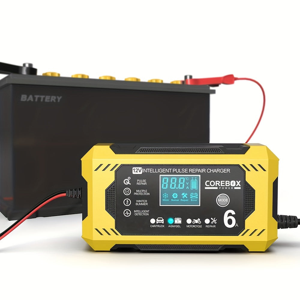 COREBOX 12V 6A Smart Battery Charger with LCD Display, 12V 6A Fast/Trickle Charger, Overcharge/Overheat/Short Circuit/Reverse Polarity, Automatic Switch Mode, Microprocessor Controlled, Compatible with AGM/GEL/SLA/Wet/EFB, 4- - The Superior Findings Depot
