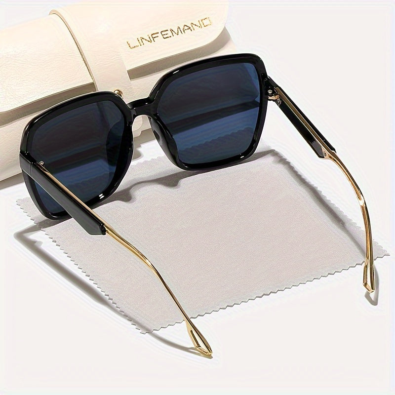 LINFEMAND Women'S Fashion Glasses - Large Rectangular Frame with Gradient Tinted Lenses, Golden Accents & Elegant White Case - Stylish Party Wear, Festival Gift, Festival Eyewear, Sophisticated Eyewear, Durable Eyewear - The Superior Findings Depot