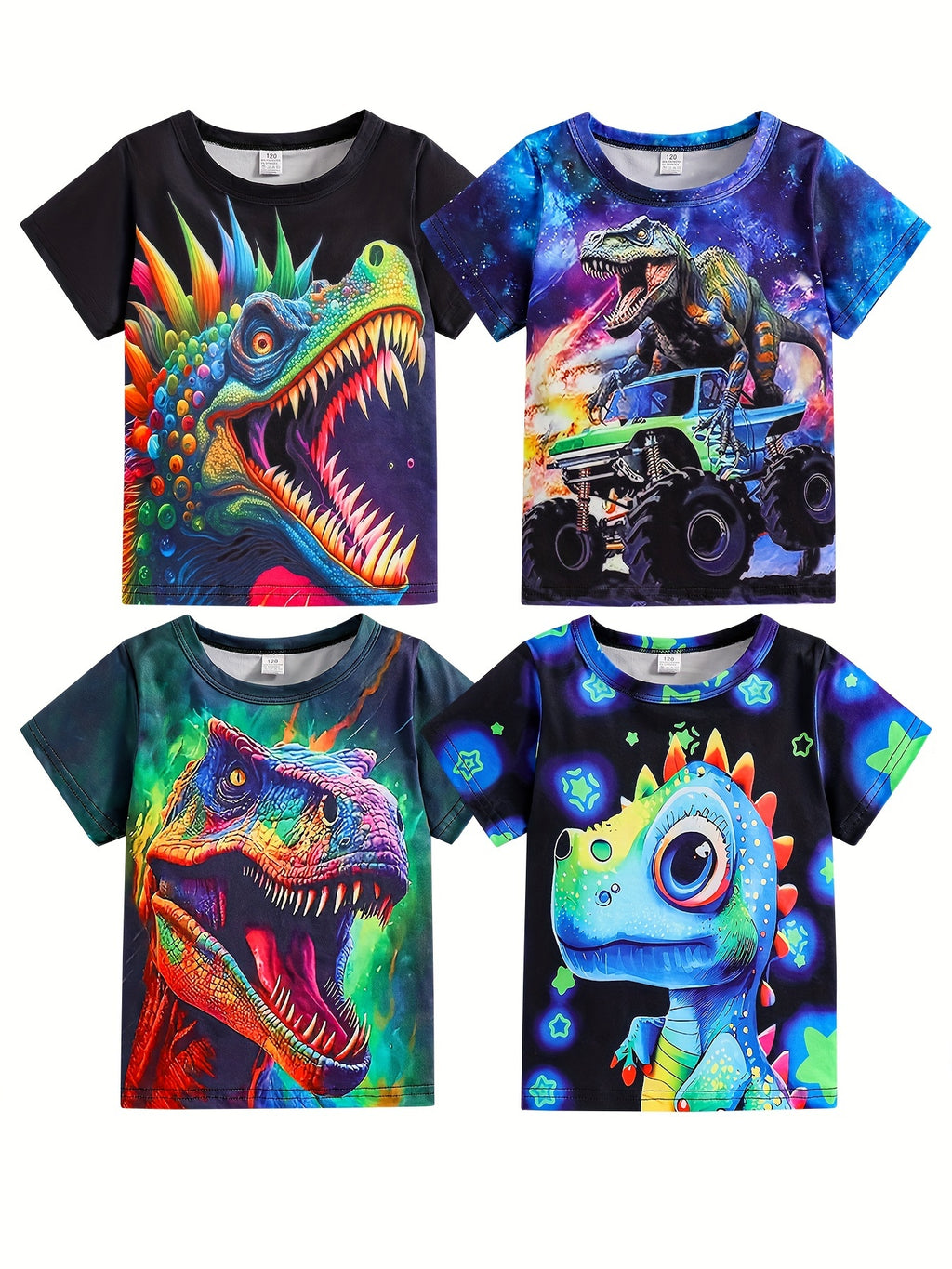 Boys' Summer Four-Pack Dinosaur Print T-Shirts - Casual Crew Neck