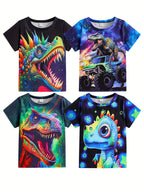 Boys' Summer Four-Pack Dinosaur Print T-Shirts - Casual Crew Neck