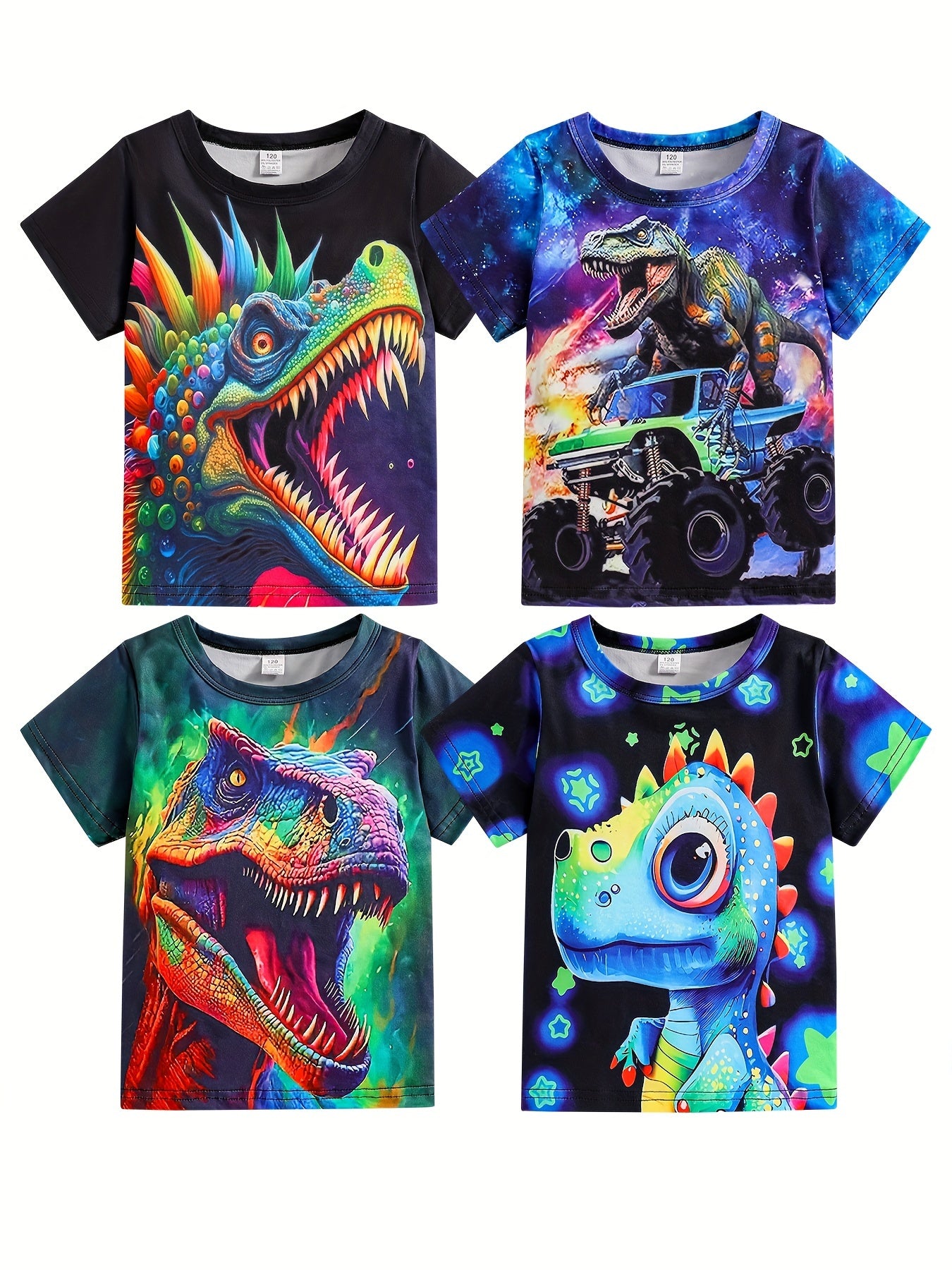 Boys' Summer Four-Pack Dinosaur Print T-Shirts - Casual Crew Neck