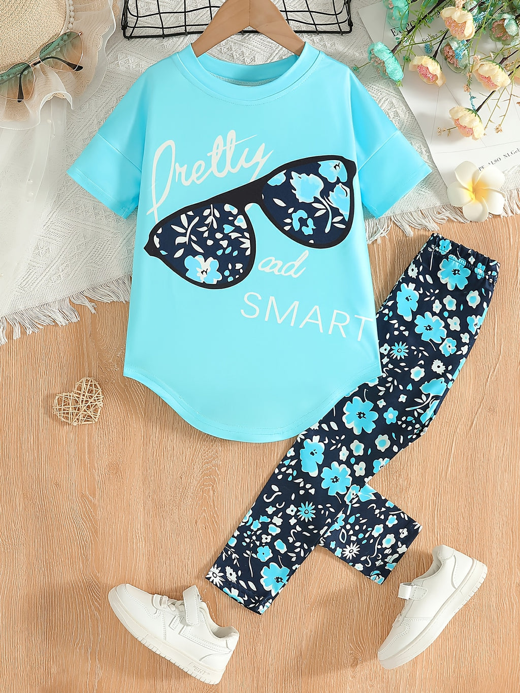 2pcs Girls' Clothing Party Slogan Large Glasses Print Pattern Drop Shoulder Irregular Hem Design Loose Short Sleeve T-Shirt + Floral Print Skinny Nine-Tenths Bottoms Set Girls' Summer Outfit Holiday Gift Girls' Fashion Casual - The Superior Findings Depot