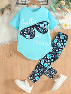 2pcs Girls' Clothing Party Slogan Large Glasses Print Pattern Drop Shoulder Irregular Hem Design Loose Short Sleeve T-Shirt + Floral Print Skinny Nine-Tenths Bottoms Set Girls' Summer Outfit Holiday Gift Girls' Fashion Casual - The Superior Findings Depot
