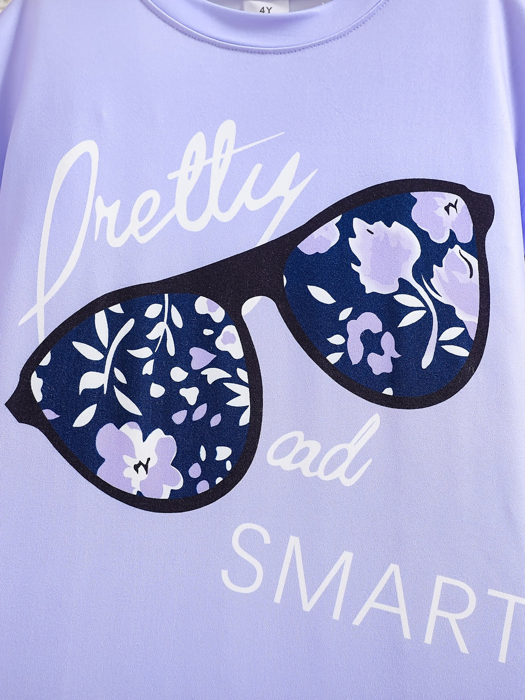 2pcs Girls' Clothing Party Slogan Large Glasses Print Pattern Drop Shoulder Irregular Hem Design Loose Short Sleeve T-Shirt + Floral Print Skinny Nine-Tenths Bottoms Set Girls' Summer Outfit Holiday Gift Girls' Fashion Casual - The Superior Findings Depot