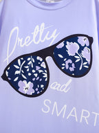 2pcs Girls' Clothing Party Slogan Large Glasses Print Pattern Drop Shoulder Irregular Hem Design Loose Short Sleeve T-Shirt + Floral Print Skinny Nine-Tenths Bottoms Set Girls' Summer Outfit Holiday Gift Girls' Fashion Casual - The Superior Findings Depot