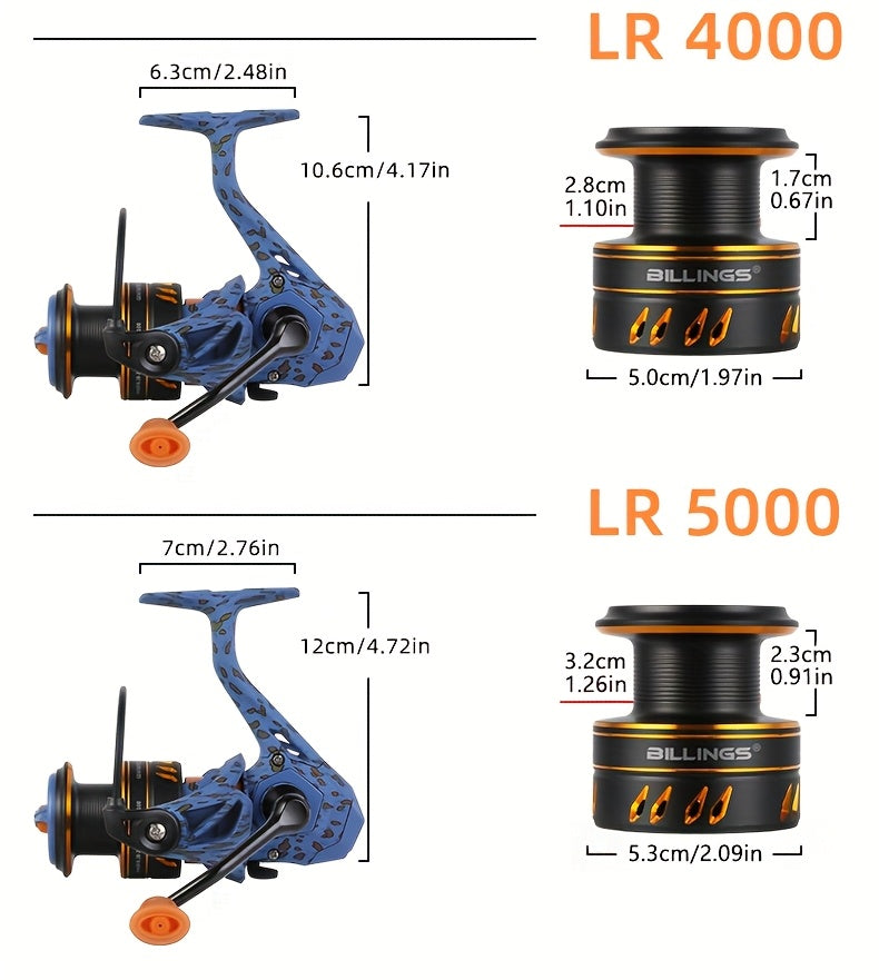 BILLINGS Heavy-Duty Spinning Fishing Reel 2000-5000 Series - 10kg/22LB Max Drag, 5.2:1 & 4.7:1 Gear Ratio, Saltwater/Freshwater, Ambidextrous Left/Right Hand Retrieve, Lightweight Durable Alloy, Large Capacity for Bass, Trout - The Superior Findings Depot