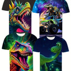 [Cool Dinosaur Tee] 4pcs Cool Dinosaur 3D Print Boys T-shirt | Casual Lightweight Comfy Short Sleeve Tee Tops | Boys Clothes For Summer - The Superior Findings Depot