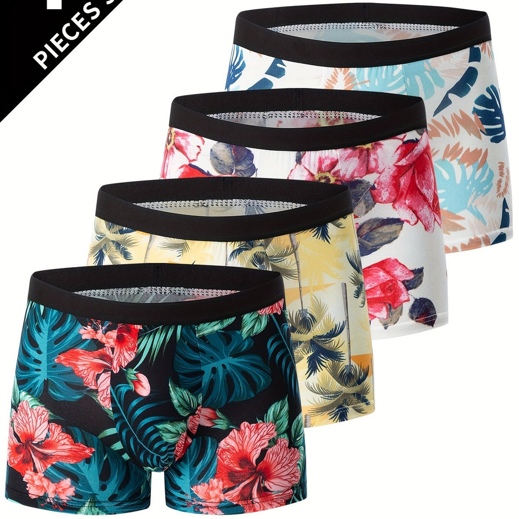 4pcs Flower Pattern Men's Antibacterial Underwear, Casual Boxer Briefs Shorts, Breathable Comfy Stretchy Boxer Sports Shorts - The Superior Findings Depot