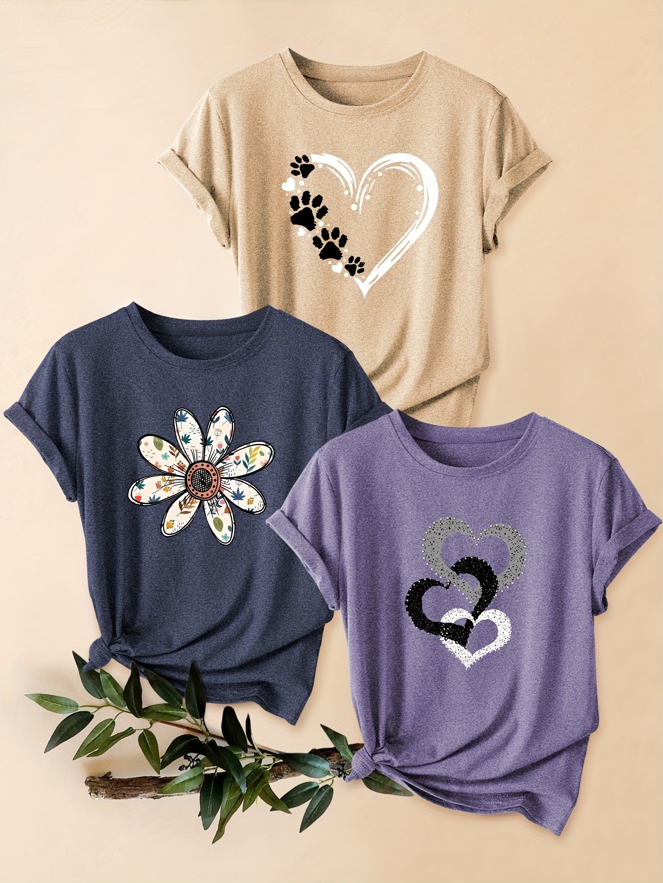 3pcs Women's Vintage-Inspired Graphic Tees - Floral & Heart Print Casual Short Sleeve T-Shirts, Soft Stretch Round Neck Tops for Spring Summer Fall,, Teal & Lavender, Seasonal Fashion, Artistic Design, Lightweight Tee, Printe - The Superior Findings Depot