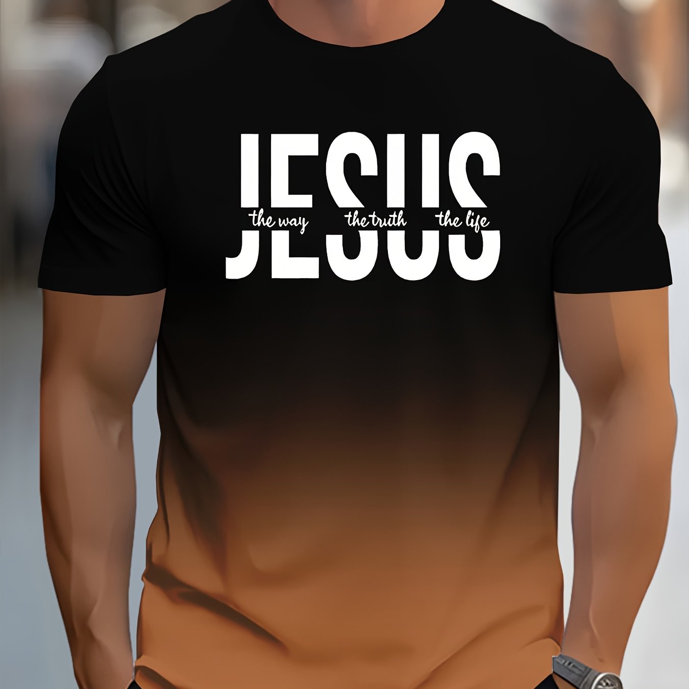 Men's Short Sleeve T-Shirt with Bold "JESUS THE WAY TRUTH LIFE" Print - Green & White Gradient Casual Round Neck Tee, Machine Washable Regular Fit Religious Graphic Top - The Superior Findings Depot
