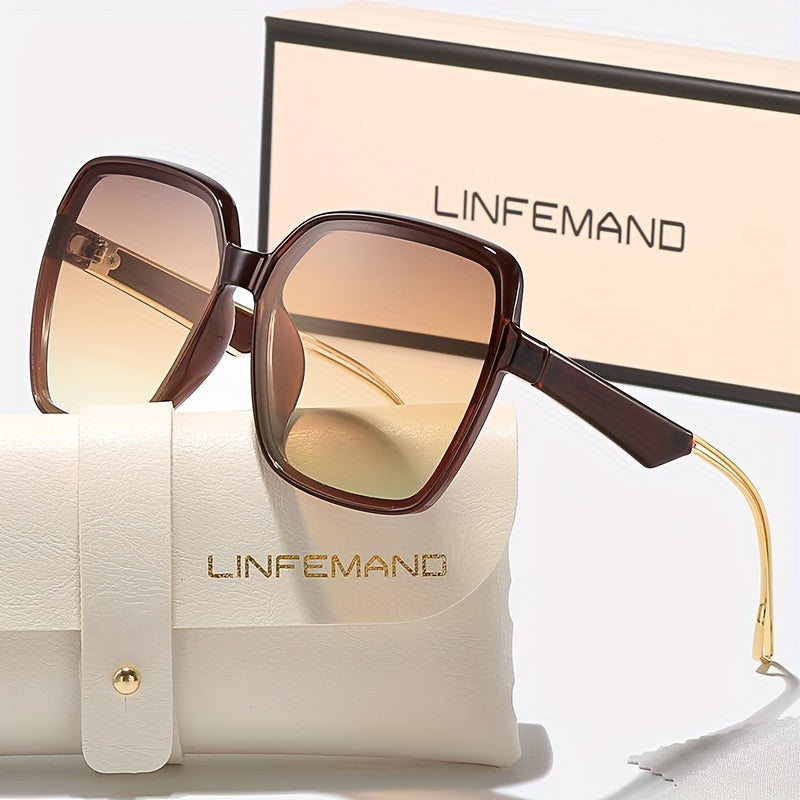 LINFEMAND Women'S Fashion Glasses - Large Rectangular Frame with Gradient Tinted Lenses, Golden Accents & Elegant White Case - Stylish Party Wear, Festival Gift, Festival Eyewear, Sophisticated Eyewear, Durable Eyewear - The Superior Findings Depot