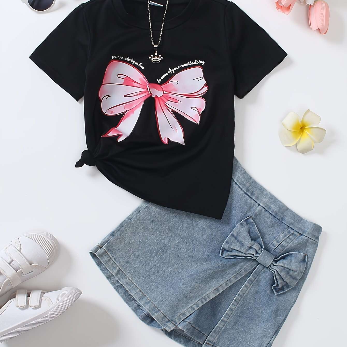 Girls T-Shirt with Sweet Bow Print - Casual Summer Top, Breathable Knit Fabric for Outdoor Shopping & School Activities, White with Blue Bow Design - The Superior Findings Depot