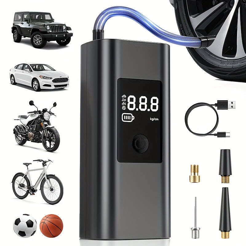 Portable Tire Inflator Air Compressor - 3000mAh Cordless Air Pump with Digital Tire Pressure Gauge, LCD Display, Suitable for Cars/Motorcycles/E-Bikes/Balls,  Compact Design - The Superior Findings Depot