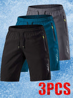 [Soft Comfortable] 3pcs Men's Ice Silky Fiber Fabric Sport Shorts - Soft Comfortable Quick-Dry Athletic Shorts with Lightning Print, Regular Fit Casual & Gym Shorts for Gym, Travel, Trendy Design, Breathable Material, Summer - The Superior Findings Depot