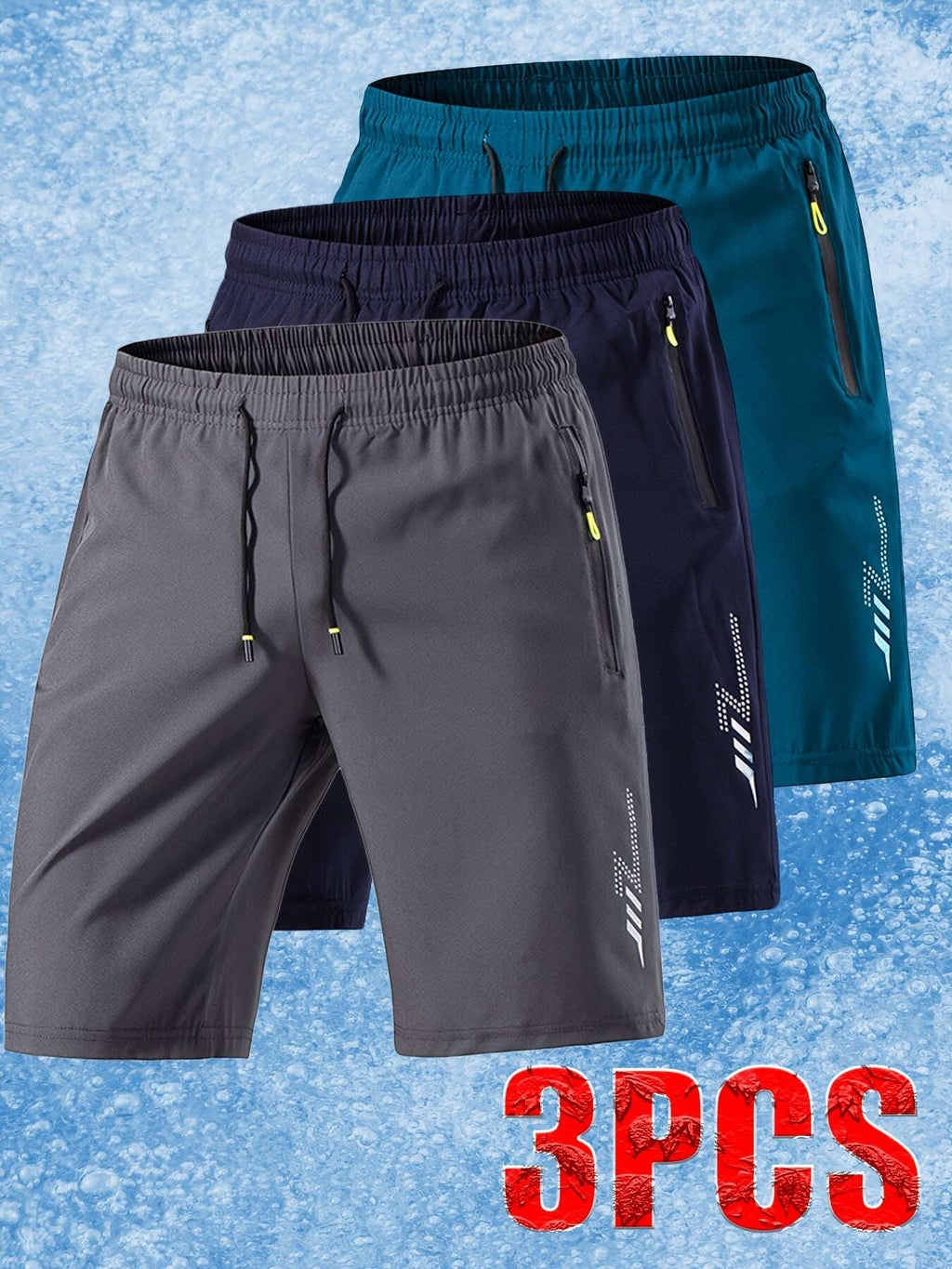 [Soft Comfortable] 3pcs Men's Ice Silky Fiber Fabric Sport Shorts - Soft Comfortable Quick-Dry Athletic Shorts with Lightning Print, Regular Fit Casual & Gym Shorts for Gym, Travel, Trendy Design, Breathable Material, Summer - The Superior Findings Depot