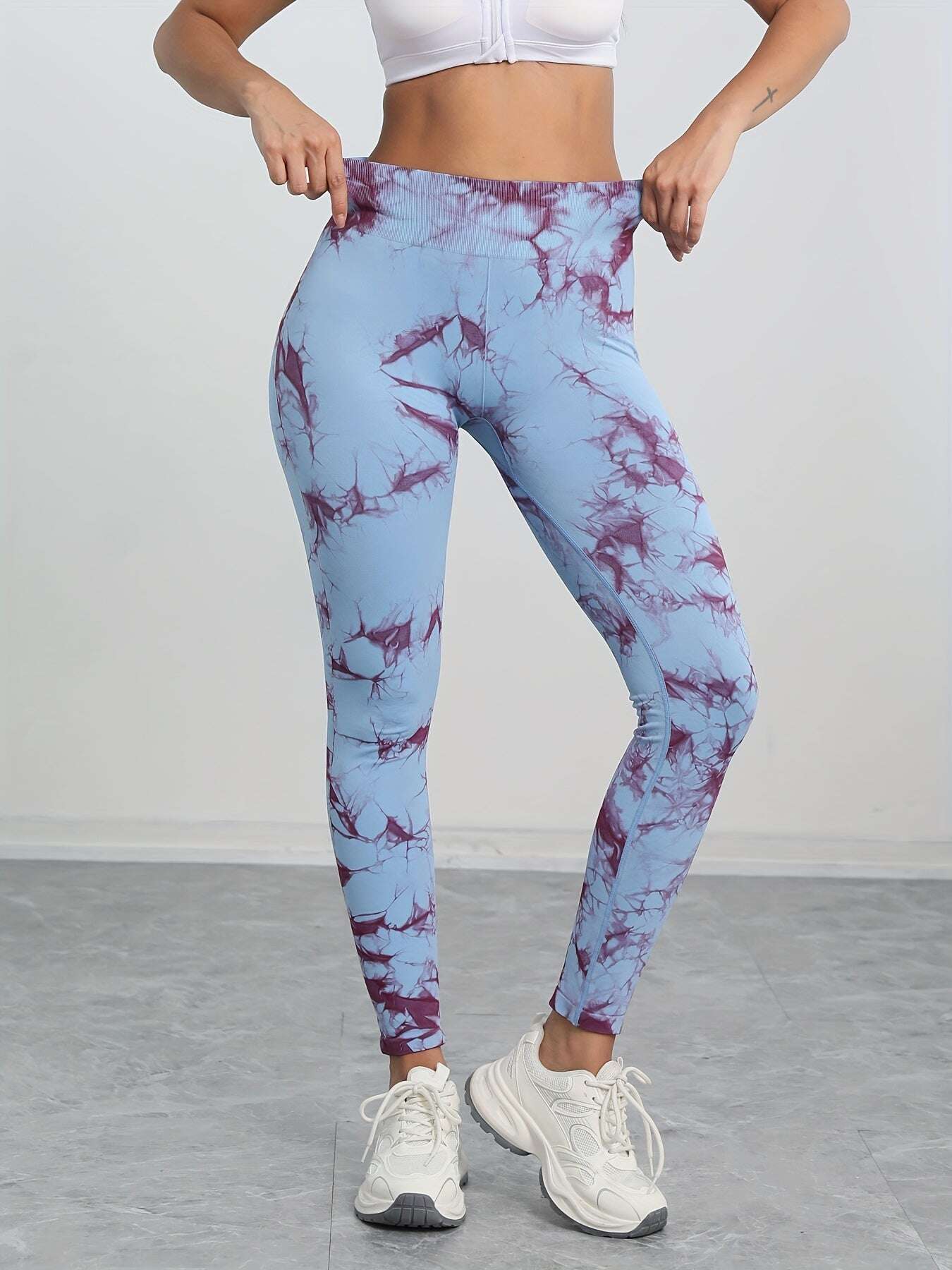 Women's High-Waisted Seamless Tie-Dye Leggings - Purple/White Marbled Tummy Control Pants, Asymmetrical Hem & Opaque Full-Length Stretch for,, - Spring/Fall Outdoor Wear (Machine Washable) - The Superior Findings Depot