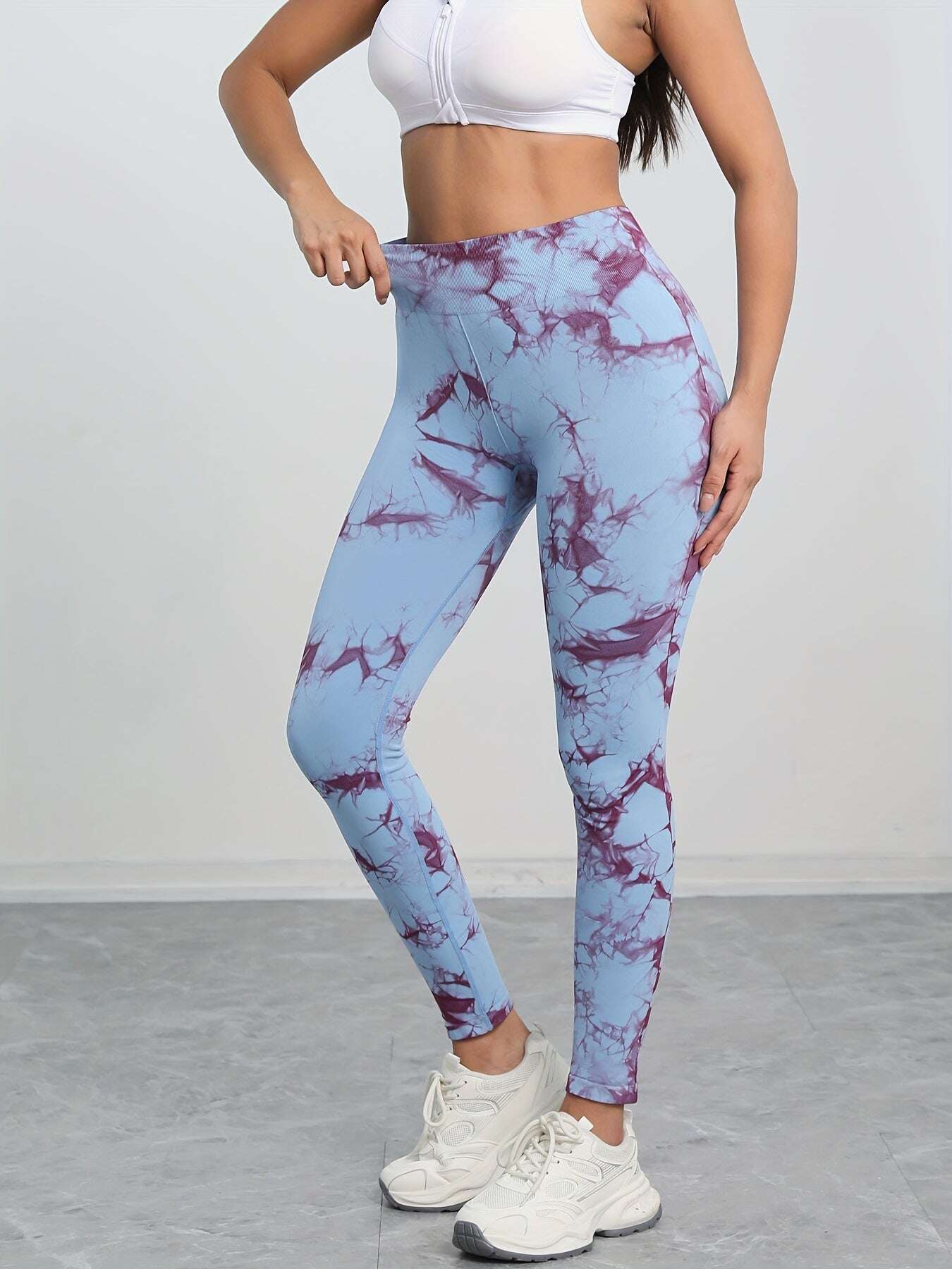 Women's High-Waisted Seamless Tie-Dye Leggings - Purple/White Marbled Tummy Control Pants, Asymmetrical Hem & Opaque Full-Length Stretch for,, - Spring/Fall Outdoor Wear (Machine Washable) - The Superior Findings Depot