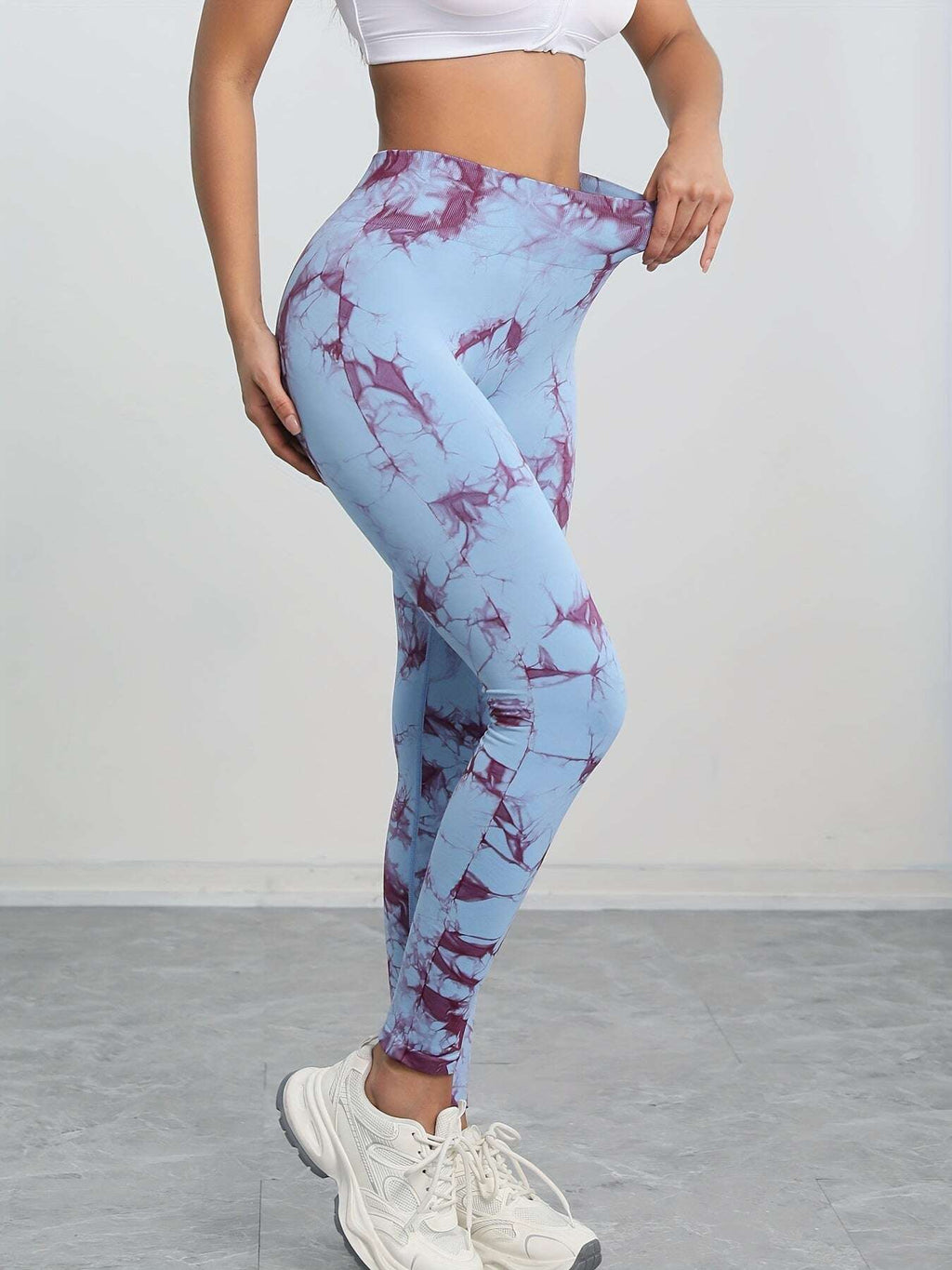 Women's High-Waisted Seamless Tie-Dye Leggings - Purple/White Marbled Tummy Control Pants, Asymmetrical Hem & Opaque Full-Length Stretch for,, - Spring/Fall Outdoor Wear (Machine Washable) - The Superior Findings Depot