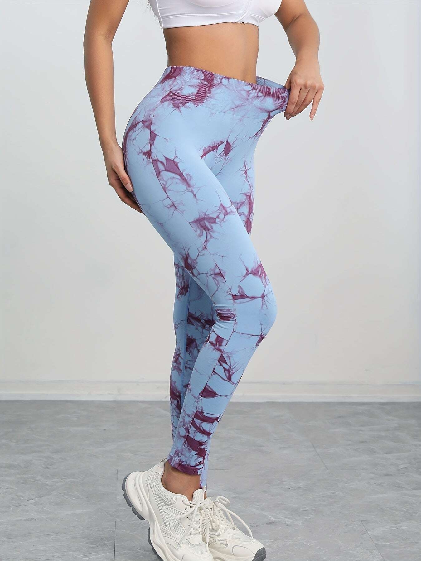 Women's High-Waisted Seamless Tie-Dye Leggings - Purple/White Marbled Tummy Control Pants, Asymmetrical Hem & Opaque Full-Length Stretch for,, - Spring/Fall Outdoor Wear (Machine Washable) - The Superior Findings Depot