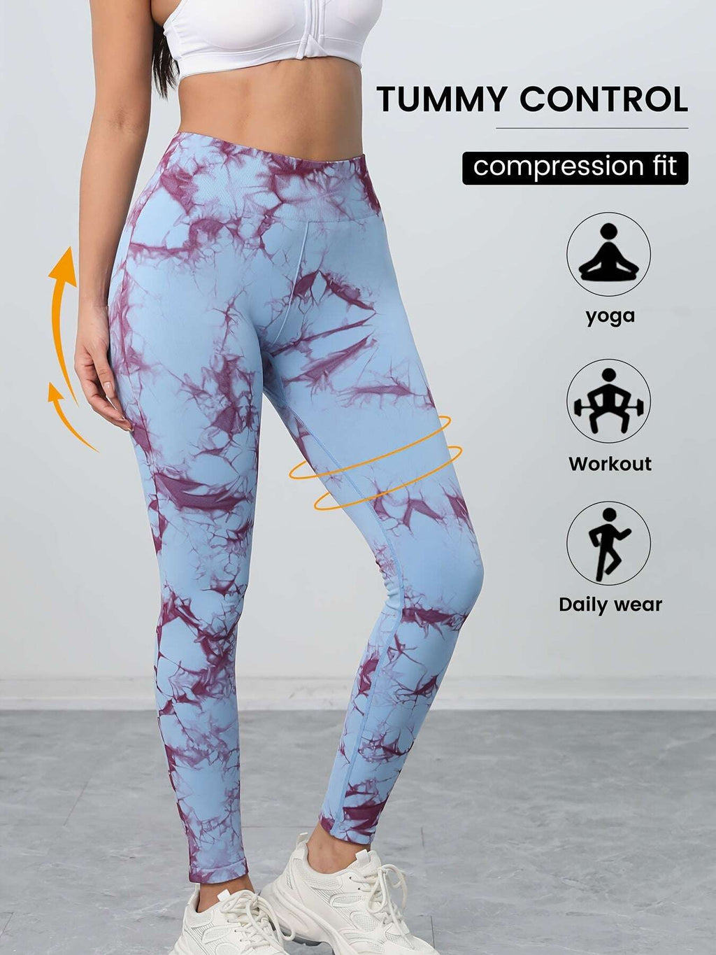 Women's High-Waisted Seamless Tie-Dye Leggings - Purple/White Marbled Tummy Control Pants, Asymmetrical Hem & Opaque Full-Length Stretch for,, - Spring/Fall Outdoor Wear (Machine Washable) - The Superior Findings Depot