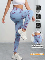 Women's High-Waisted Seamless Tie-Dye Leggings - Purple/White Marbled Tummy Control Pants, Asymmetrical Hem & Opaque Full-Length Stretch for,, - Spring/Fall Outdoor Wear (Machine Washable) - The Superior Findings Depot